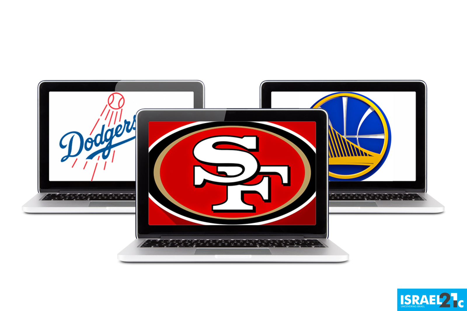 US sports leagues seek Israeli technologies. Illustration uses logos of 49ers, Dodgers, Warriors/vector by Shutterstock.com/graphic layout by Viva Sarah Press for ISRAEL21c