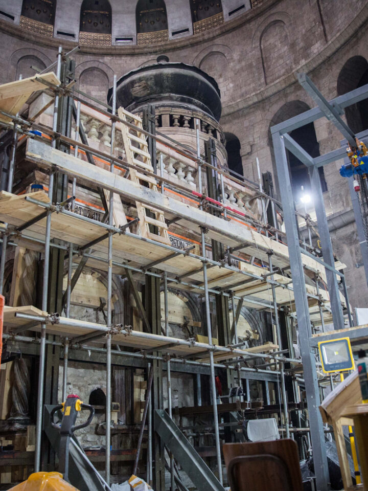 Renovation work at the Church of the Holy Sepulchre, believed to be the site where Jesus was buried and resurrected, in Jerusalem's Old City, on August 22, 2016. Photo by Hadas Parush/Flash90