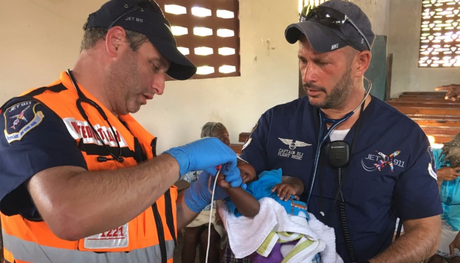 United Hatzalah Paramedic Dovi Maisel and CEO Eli Rowe of Jet911 treating patients in Haiti this week. Photo courtesy of United Hatzalah