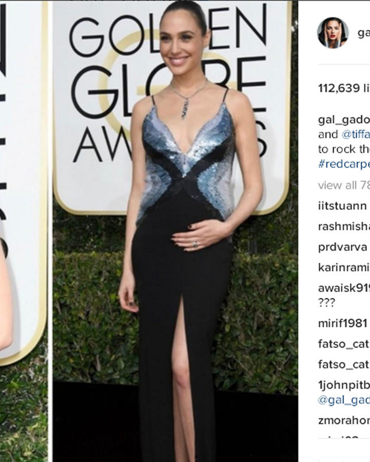 Gal Gadot poses for paparazzi at the Golden Globes in Los Angeles on January 8, 2017. Photo via Instagram.com/gal_gadot