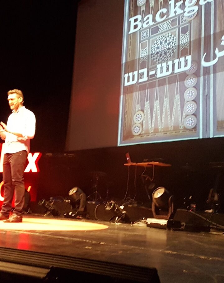 Zaki Djemal talking about Jerusalem Double at TEDxWhiteCity in January 2017. Photo: courtesy