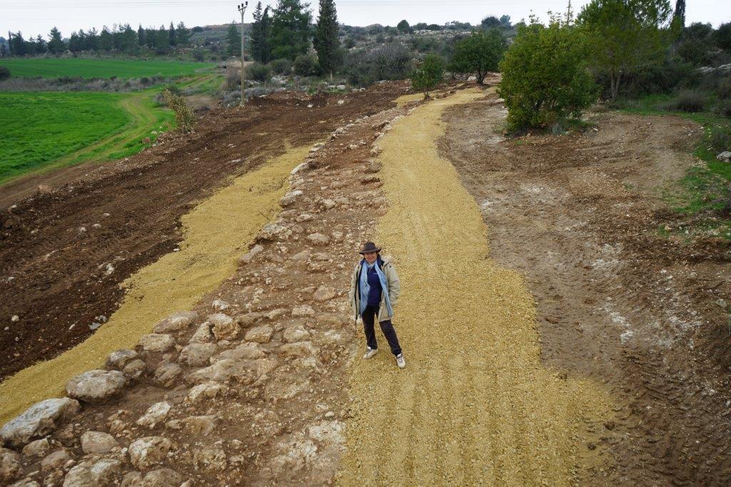 Irina Zilberbod, director of the excavation on behalf of the Israel Antiquities Authority, standing on the Roman-era road. Photo by the Griffin Aerial Photography Company/ Israel Antiquities Authority.