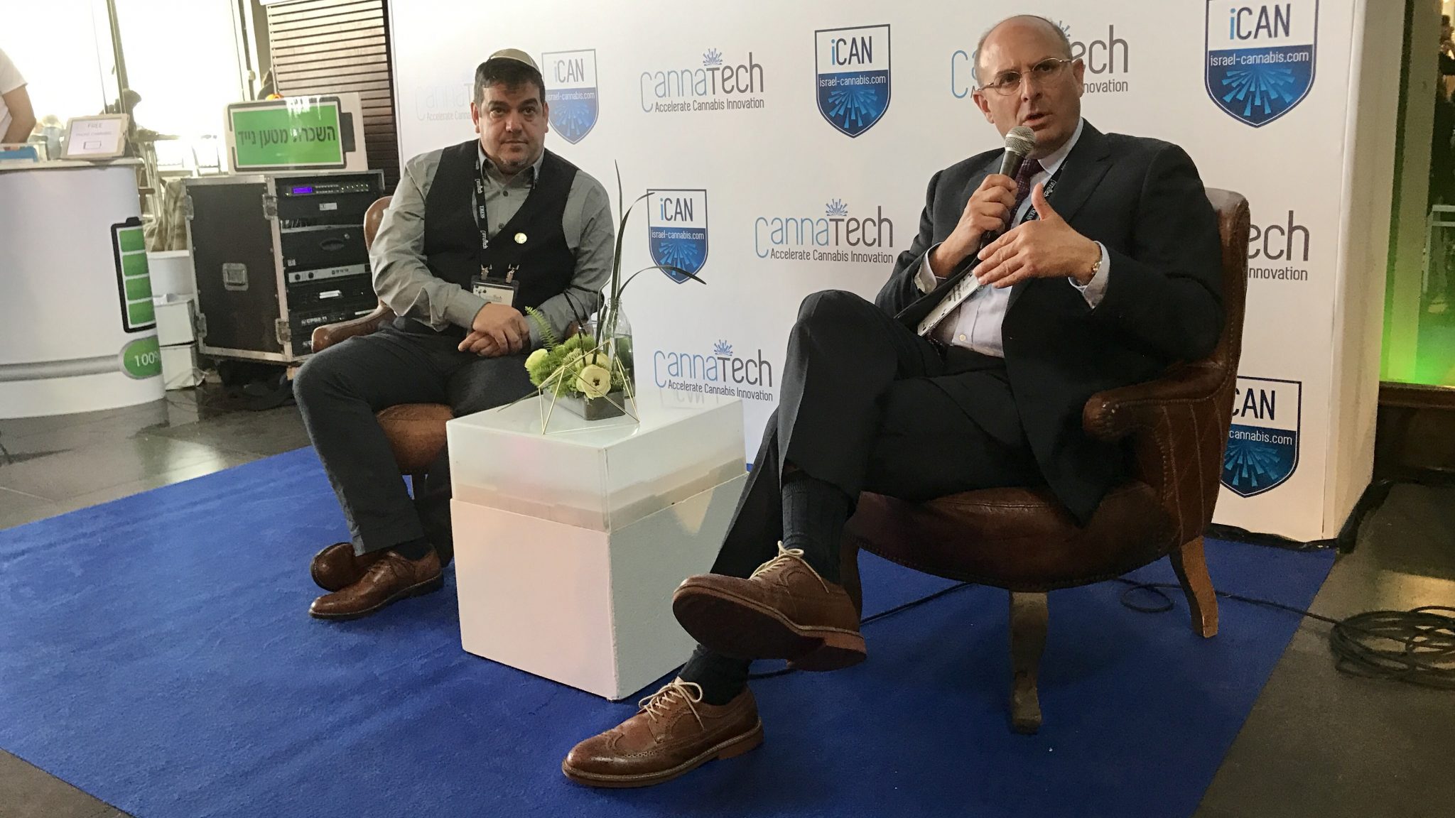 Saul Kaye, co-founder of iCAN Israel-Cannabis, and Bill Levine, executive chairman of CannRx Technologies, told a press conference at today's CannaTech event in Tel Aviv that a new sleep therapy based on cannabis is heading to market. Photo by Viva Sarah Press