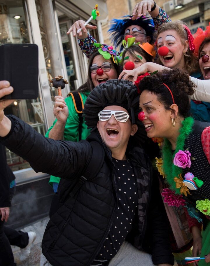 Costumed Israelis in central Jerusalem ahead of the Jewish holiday of Purim. Photo by Yonatan Sindel/FLASH90