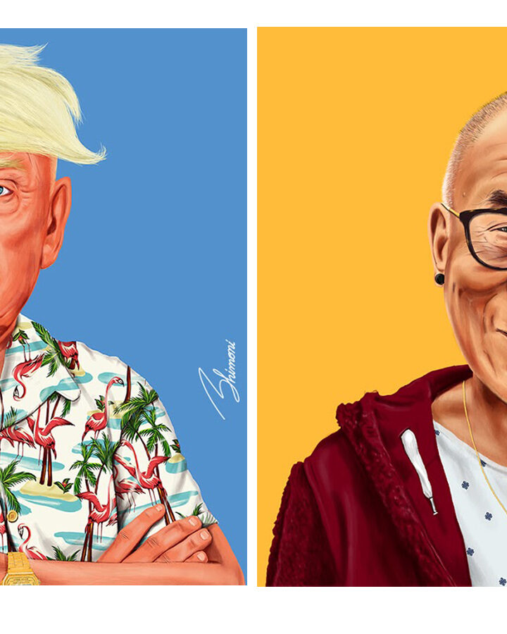 US President Trump and the Dalai Lama reimagined by Amit Shimoni.