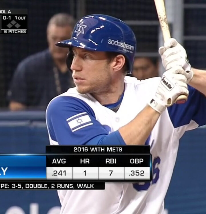 Team Israel's Ty Kelly at bat during game against the Netherlands at the World Baseball Classic. Photo via Twitter