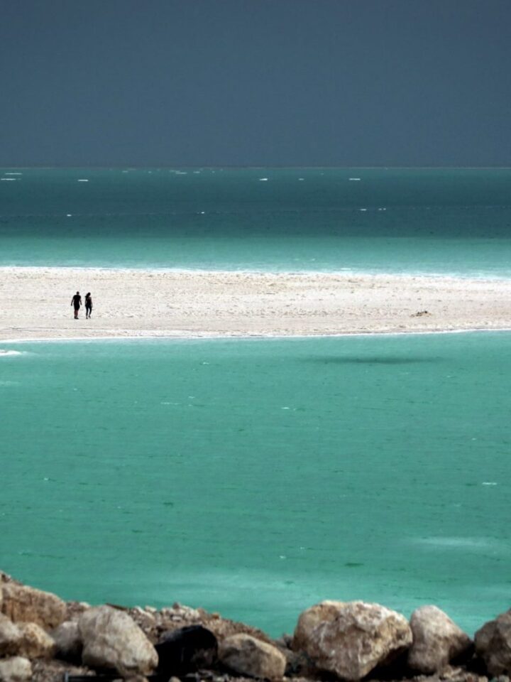 Because Israel is beautiful. A couple walk on a beach at the Dead Sea. Photo by Yossi Zamir/FLASH90