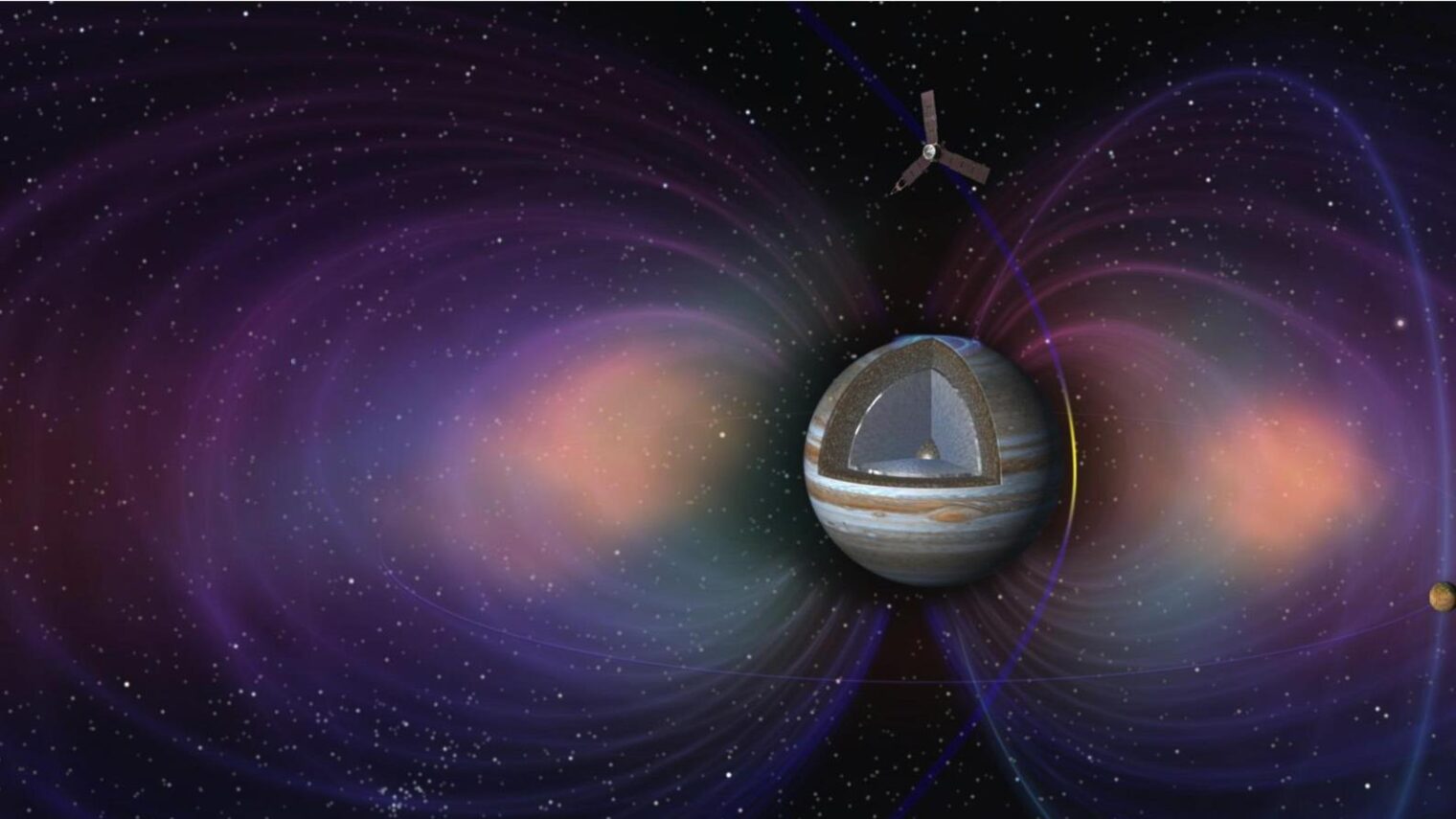 This artist’s concept shows the pole-to-pole orbits of NASA’s Juno spacecraft at Jupiter. Image courtesy of NASA/JPL-Caltech/SwRI