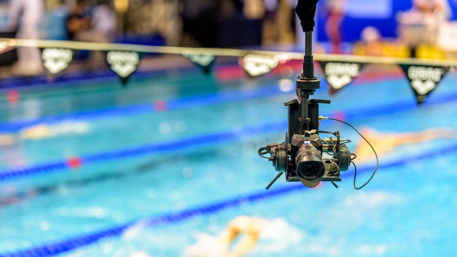 DynamiCam’s aerial camera system above the pool for the European Swimming League Championships at Israel’s Wingate Institute. Photo: courtesy