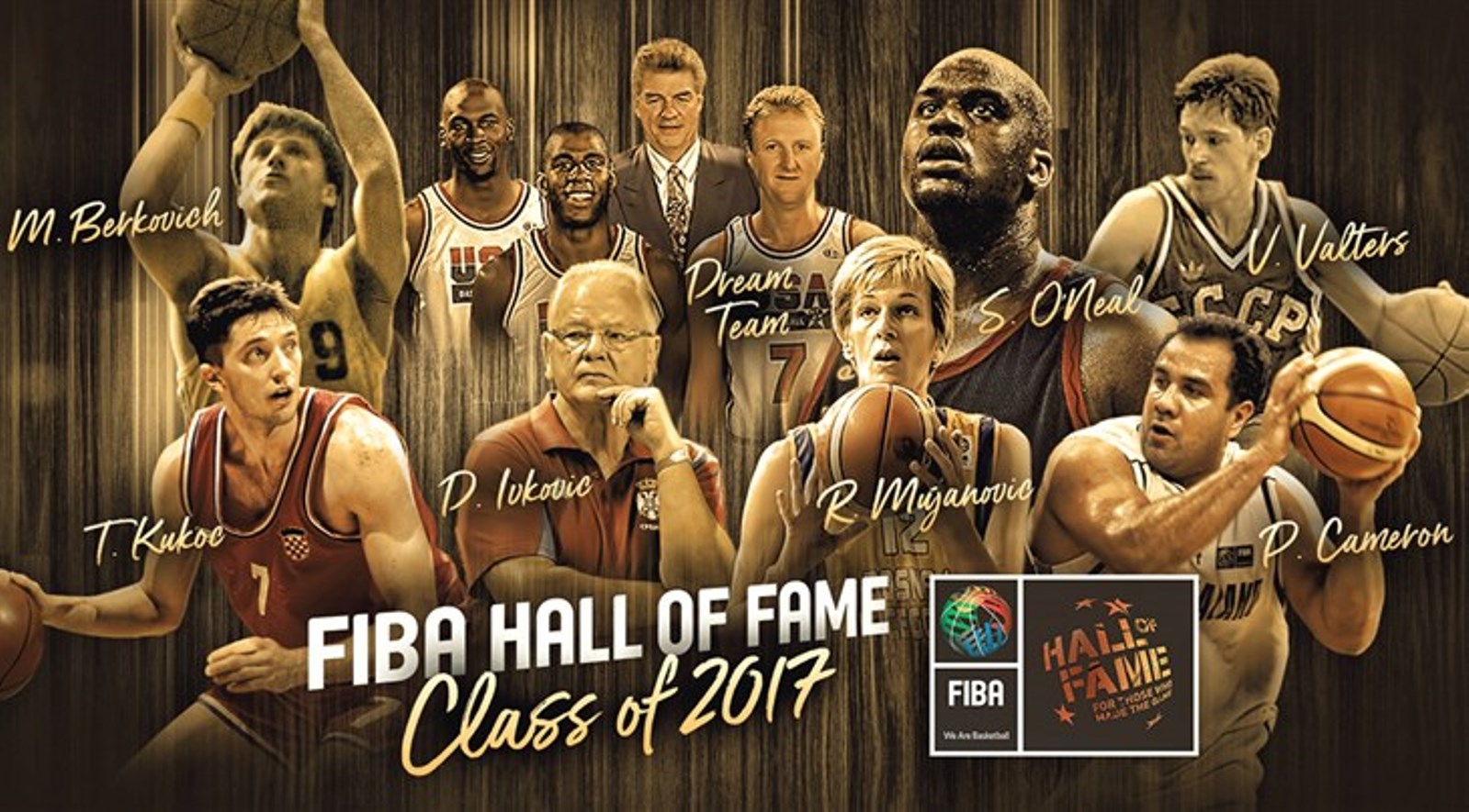 The 2017 class of inductees into the FIBA Hall of Fame in Switzerland includes Israeli Mickey Berkowitz (Miki Berkovich), back left.
