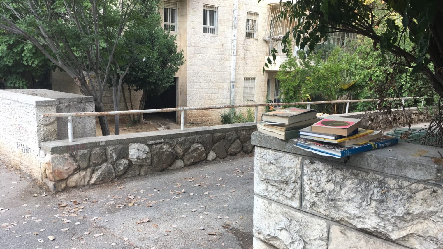 Books left on a wall in Jerusalem for anyone to take. Photo by Rachel Neiman