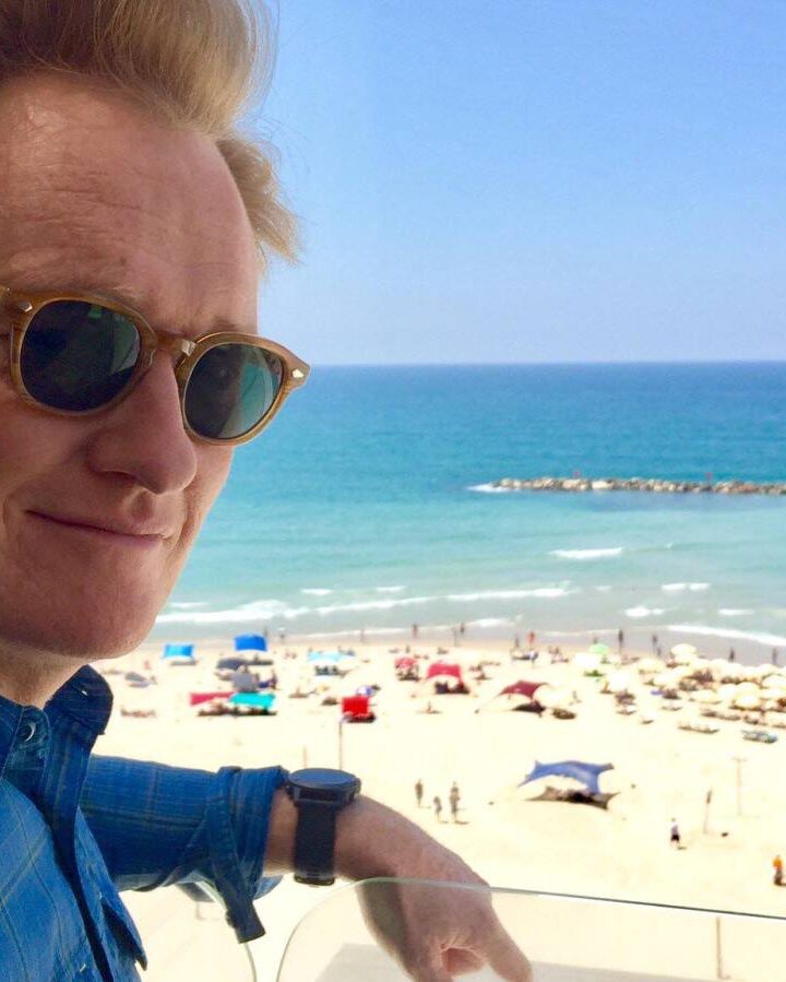 Conan O’Brien on the beach of Tel Aviv, August 26. Photo via Facebook