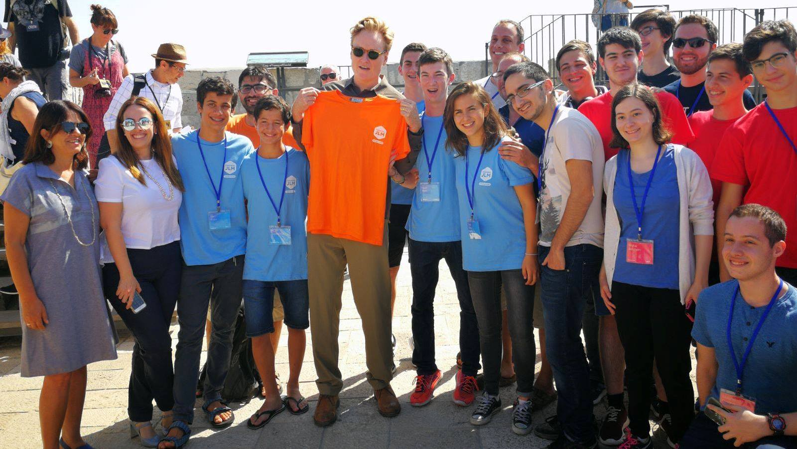Conan O’Brien makes a surprise visit to the Tomorrow JLM teen hackathon at the Tower of David Museum, August 28, 2017. Photo: courtesy