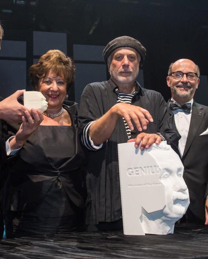 At the unveiling of “Genius: 100 Visions of the Future” in Montreal on September 10, 2017, from left, Soichi Noguchi, Monette Malewski, Ron Arad, Murray Palay and Rami Kleinmann. Photo: courtesy
