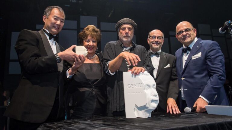 At the unveiling of “Genius: 100 Visions of the Future” in Montreal on September 10, 2017, from left, Soichi Noguchi, Monette Malewski, Ron Arad, Murray Palay and Rami Kleinmann. Photo: courtesy