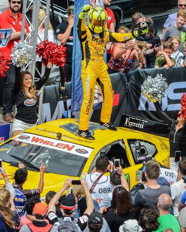 Alon Day celebrating his NASCAR Whelen Euro Series win in Belgium, October 2017. Photo by Kevin Epstein/American SpeedFest
