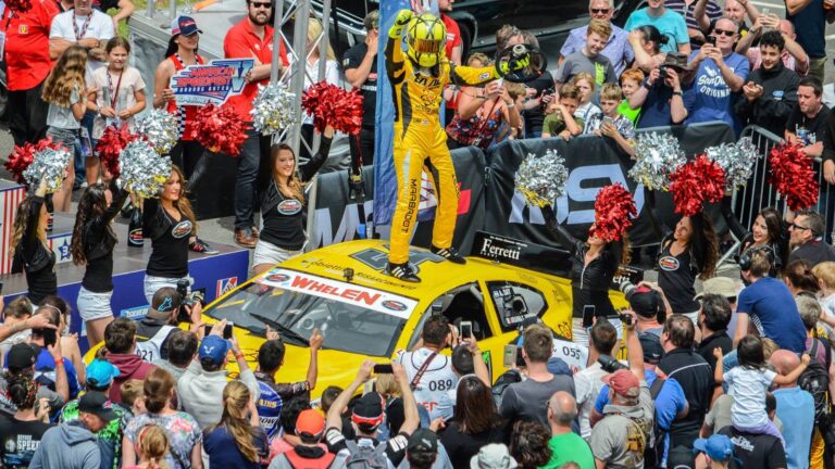 Alon Day celebrating his NASCAR Whelen Euro Series win in Belgium, October 2017. Photo by Kevin Epstein/American SpeedFest