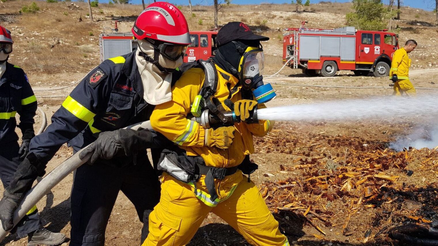 Firefighters participating in a joint Middle East Forest Fires drill in Israel, October 25, 2017. Photo courtesy of Israel Firefighting and Rescue Authority