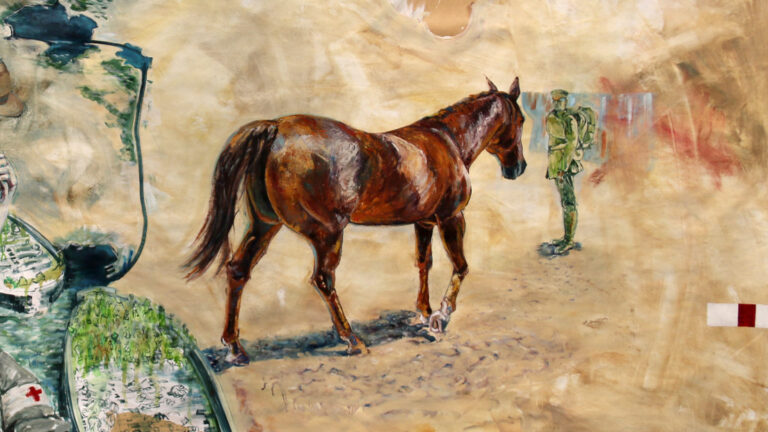 A detail from the series Sand in the Apricot Jam by Rebecca Holden. The picture portrays the moment a soldier and his mount reunite in the desert after being separated after Gallipoli. Courtesy of the artist. 