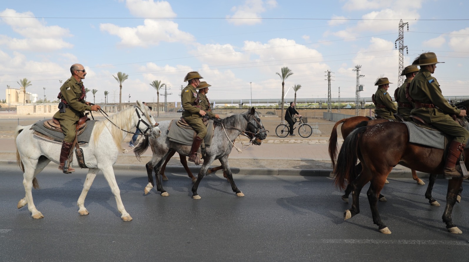 Riders from Australia and New Zealand on the ANZAC Trail in Beersheva on Oct. 31, 2017, commemorating the route ANZAC soldiers took when they liberated the city in World War I. Photo by Hadas Parush/FLASH90