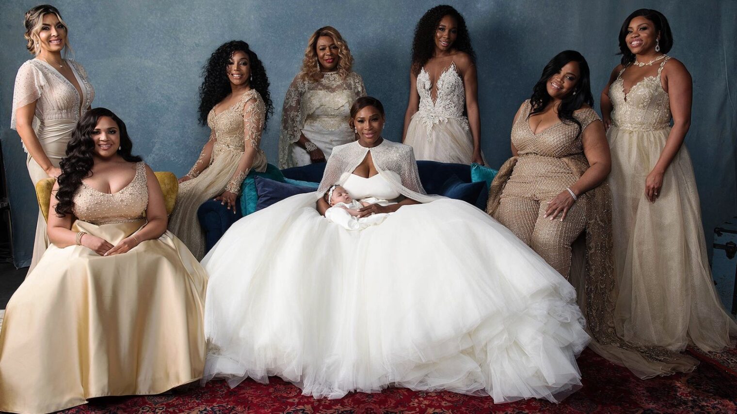 Serena Williams surrounded by six attendants, all wearing Galia Lahav gowns, and her mother at her wedding on Nov. 16, 2017. Photo by Bob Metelus and Erica Rodriguez/Vogue Magazine