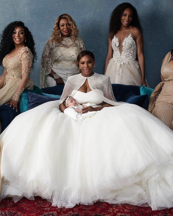 Serena Williams surrounded by six attendants, all wearing Galia Lahav gowns, and her mother at her wedding on Nov. 16, 2017. Photo by Bob Metelus and Erica Rodriguez/Vogue Magazine
