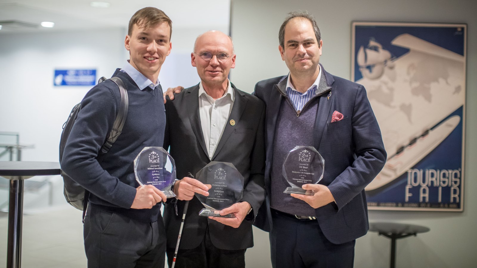 Eli Beer, right, of United Hatzalah of Israel with the other CER innovation award winners in Helsinki, from left, Mikhail Ianchikov of EyeMove (Russia) and Christian Erfurt of BeMyEyes (Denmark). Photo by Eli Itkin/Committee of European Rabbis
