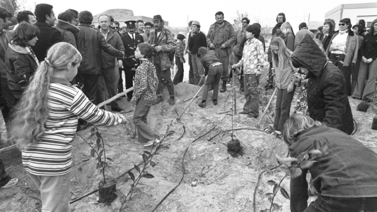 Prime Minister Yitzhak Rabin at the Tu B’Shvat tree-planting ceremony at Kibbutz Yotvata, 1975. Photo: GPO