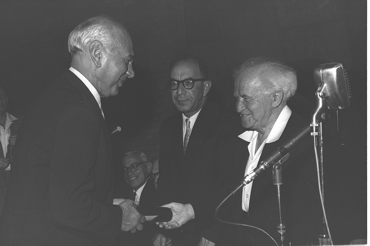 Aharon Meskin receiving an Israel Prize in 1960 from David Ben-Gurion. Photo from the National Photo Collection via Wikimedia Commons