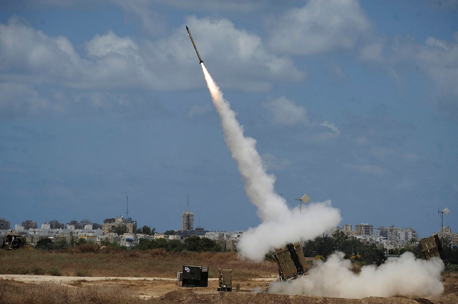 An Iron Dome Missile Defense battery set up near Ashdod fires an intercepting missile on July 14, 2014. Photo by David Buimovitch/FLASH90