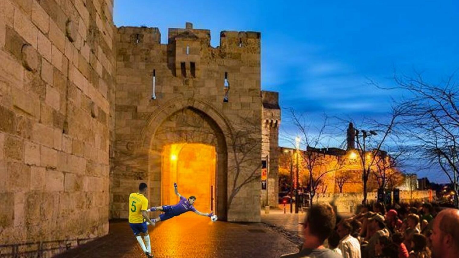 A photoshopped image of the upcoming penalty shootout at the Old Cityâ€™s Jaffa Gate during the World Cup. Photo via Facebook