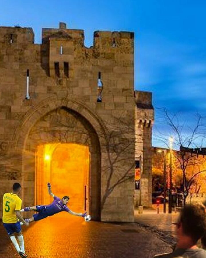 A photoshopped image of the upcoming penalty shootout at the Old City’s Jaffa Gate during the World Cup. Photo via Facebook
