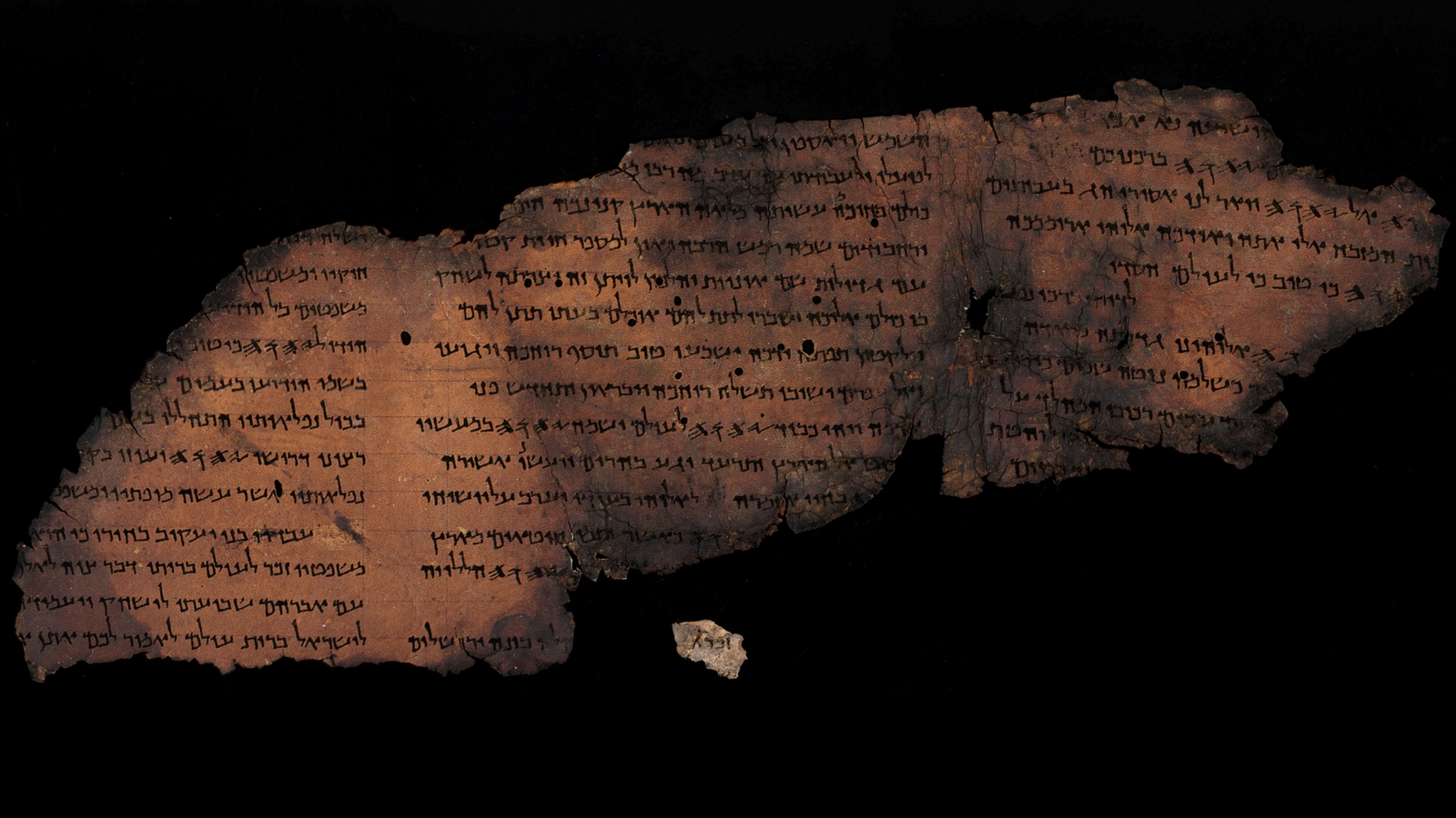 The Great Psalms Scroll (11Q5) together with the new fragment containing Psalm 147:1. Photo by Shai Halevi/Leon Levy Dead Sea Scrolls Digital Library