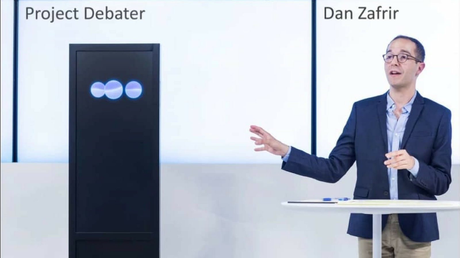 Israeli expert debater Dan Zafir debates against the IBM Project Debater on June 18, 2018, in San Francisco. Photo via Facebook.