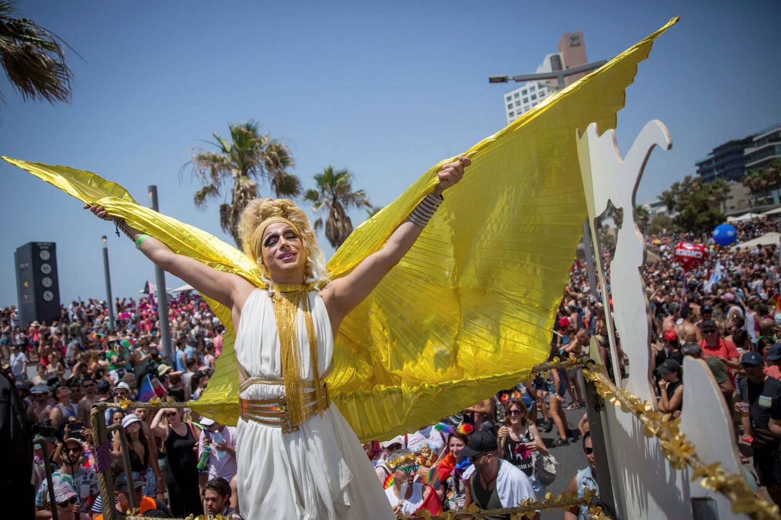 A drag queen takes part in the annual Pride Parade in Tel Aviv, June 8, 2018. Photo by Miriam Alster/FLASH90
