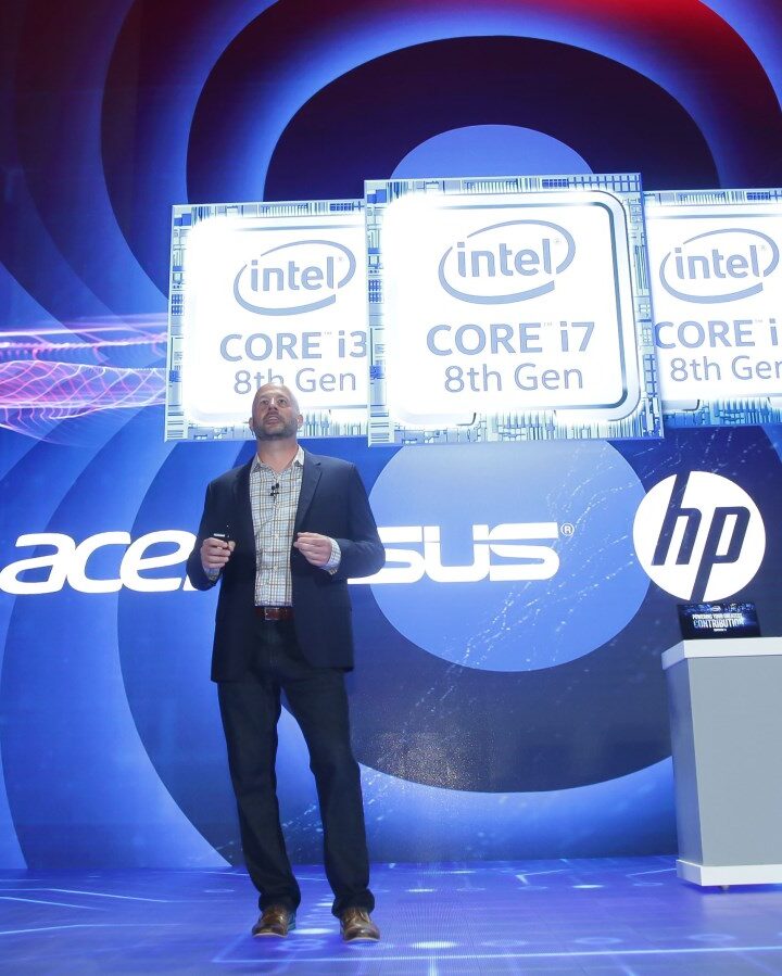 Intel Corporate VP Gregory Bryant announces the Whiskey Lake U-series and Amber Lake Y-series, the newest additions to the 8th Gen Intel Core processor family. Photo courtesy of Intel Corporation
