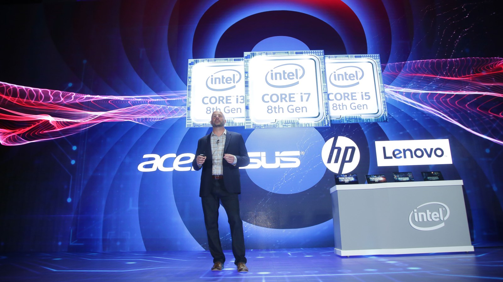Intel Corporate VP Gregory Bryant announces the Whiskey Lake U-series and Amber Lake Y-series, the newest additions to the 8th Gen Intel Core processor family. Photo courtesy of Intel Corporation