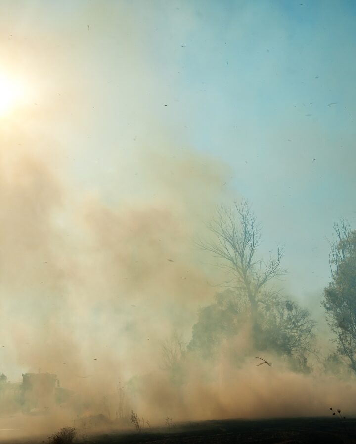 View of a fire at a field in Nahal Oz caused from incendiary kites flown from the Gaza Strip. Photo by Moshe Shai/FLASH90