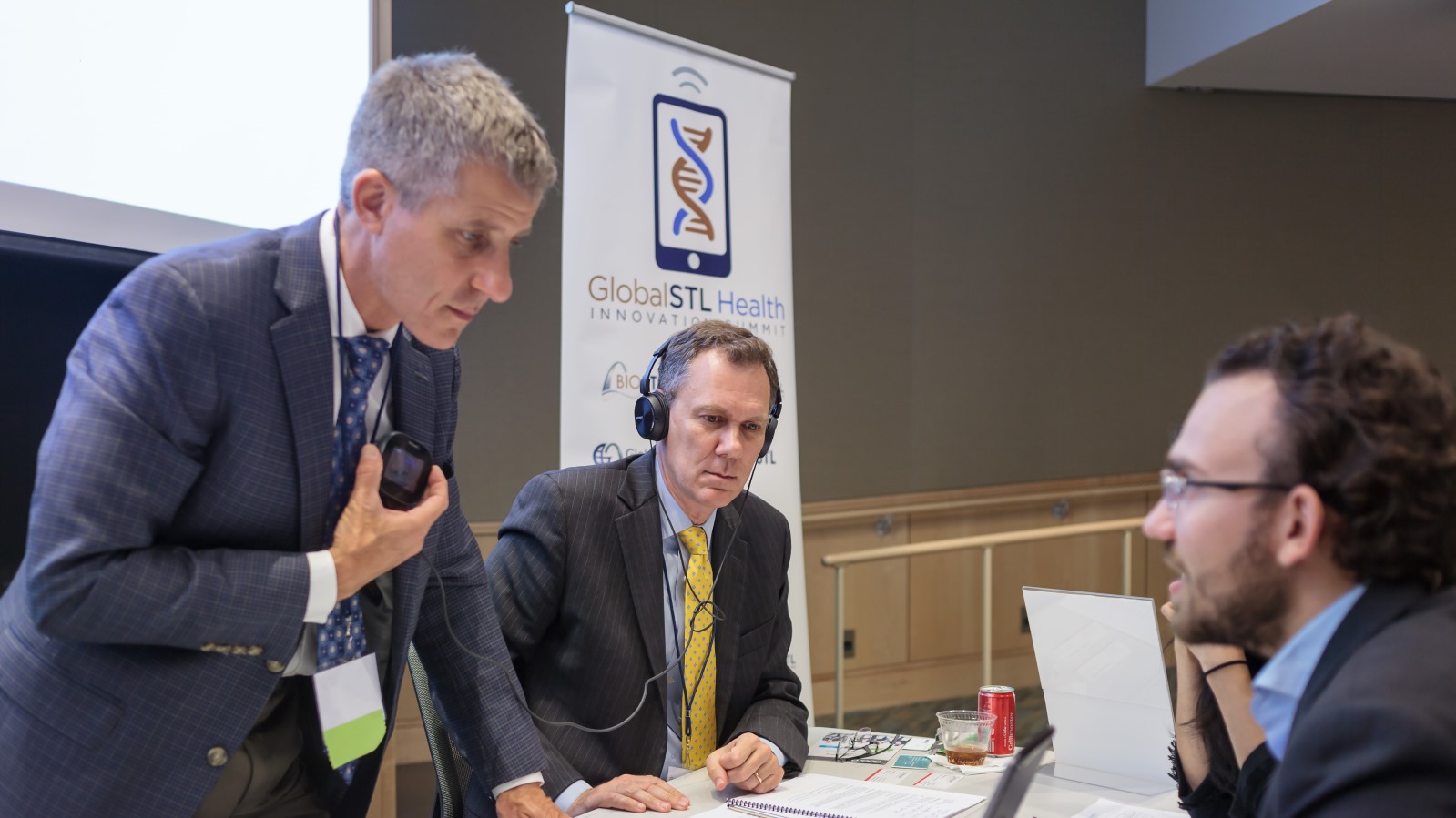 Officials from the Centene healthcare company in St. Louis trying the TytoCare home health exam device at the 2018 GlobalSTL Health Innovation Summit. Photo: courtesy