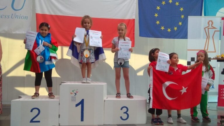 Liel Levitan, 7, on the podium at the 2018 European School Chess Championship 2018. Photo via Israel Chess Federation