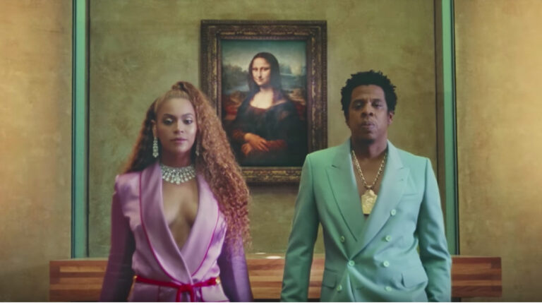 A screenshot from Beyoncé and Jay-Z “Apes**t” video, produced by Natan Schottenfels.