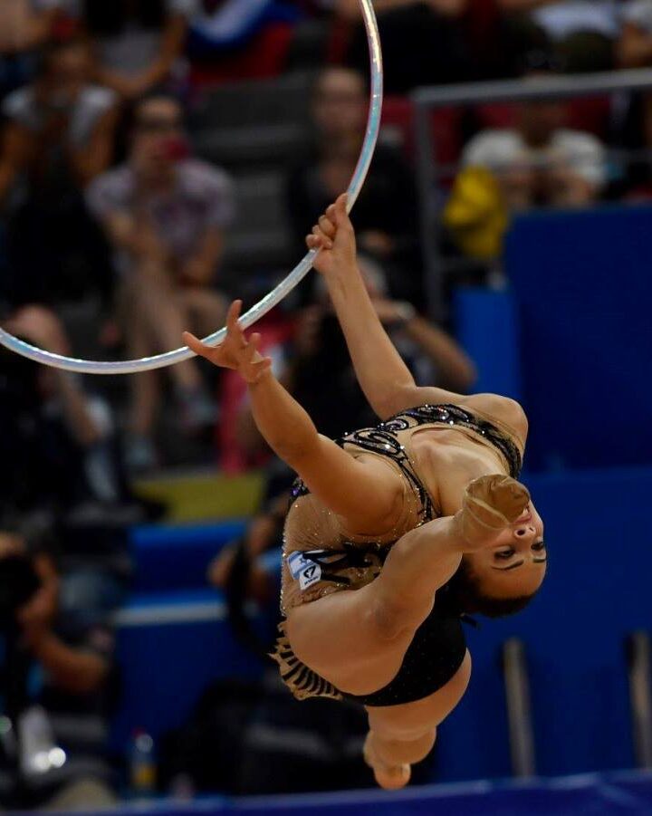Linoy Ashram won a silver medal in the hoops competition of the 36th Rhythmic Gymnastics Championships in Bulgaria, September 2018. Photo courtesy of Israel Olympic Committee
