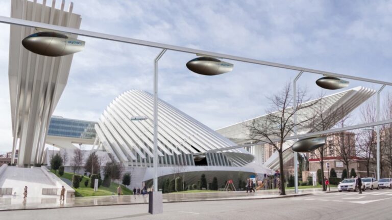 Mock-up of a skyTran system in use. Image: courtesy