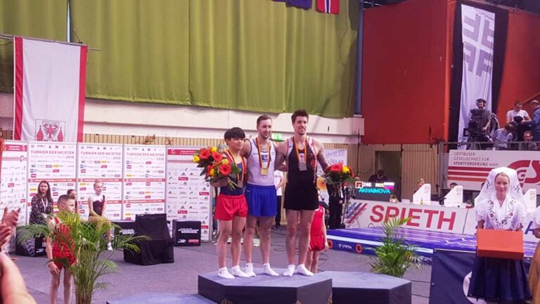 Artem Dolgopyat, center, won the gold medal in the Artistic Gymnastics World Cup in November 2018. Photo via Facebook