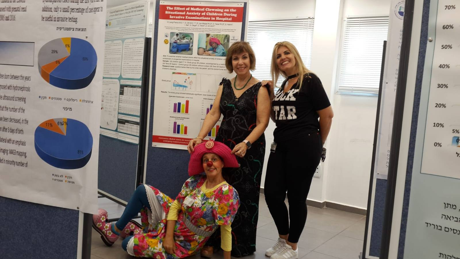 Medical clown Shoshi Ofir, on floor, at presentation of the study "The Effect of Medical Clowning on the Situational Anxiety of Children During Invasive Examinations in Hospital" at Baruch Padeh Medical Center, Tiberias. With her are Dr. Nessia Lang, left, and Orly Cohen of the Tene Center. Photo courtesy of Dream Doctors