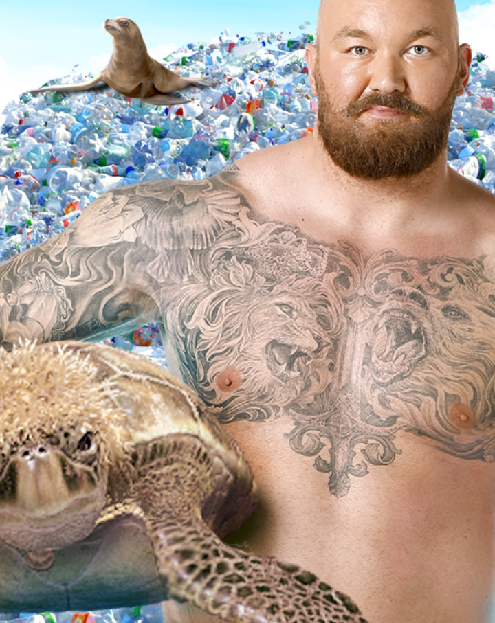Game of Thrones’ Thor “The Mountain” Bjornsson carrying a singing sea turtle in SodaStream’s video. Photo: courtesy