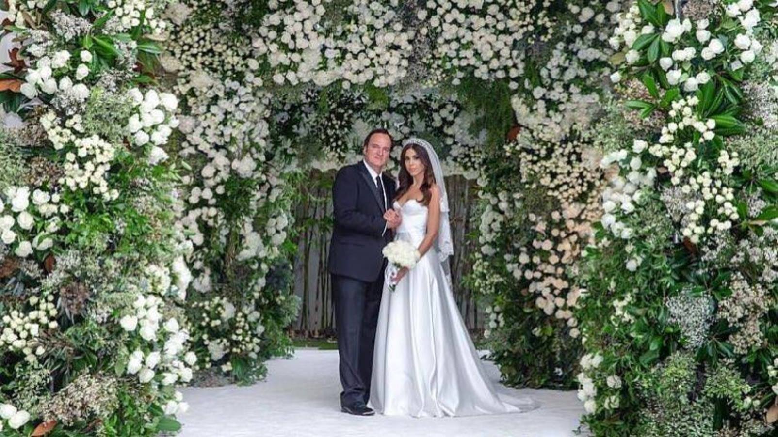 Daniella Pick wore a Dana Harel gown and Keren Wolf headpiece at her wedding to Quentin Tarantino. Photo by Curtis Dahl via Instagram