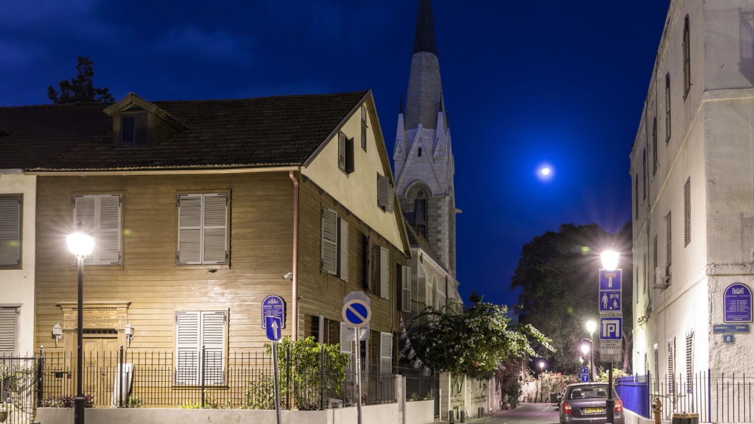 A view of Bar Hoffman and Auerbach streets in Tel Aviv’s American Colony, showing Maine Friendship House and Immanuel Church on left, Beit Immanuel on right. Photo by Dmitriy Feldman Svarshik/Shutterstock.com