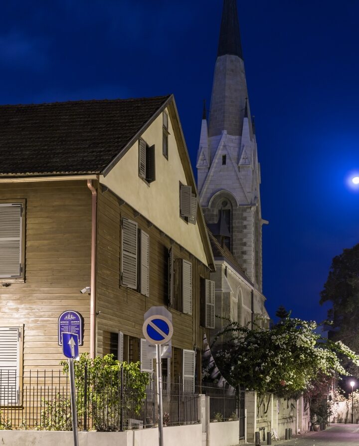 A view of Bar Hoffman and Auerbach streets in Tel Avivâ€™s American Colony, showing Maine Friendship House and Immanuel Church on left, Beit Immanuel on right. Photo by Dmitriy Feldman Svarshik/Shutterstock.com