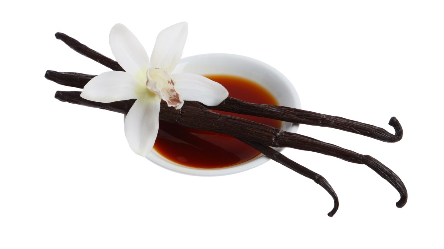 Vanilla flower, pods and extract. Photo by Hurst Photo via Shutterstock.com